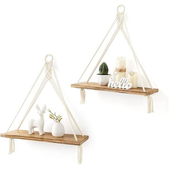 Macrame Hanging Shelves Boho Wall Decor Set of 2 Rustic Wood Floating Shelf - Picture 7 of 7